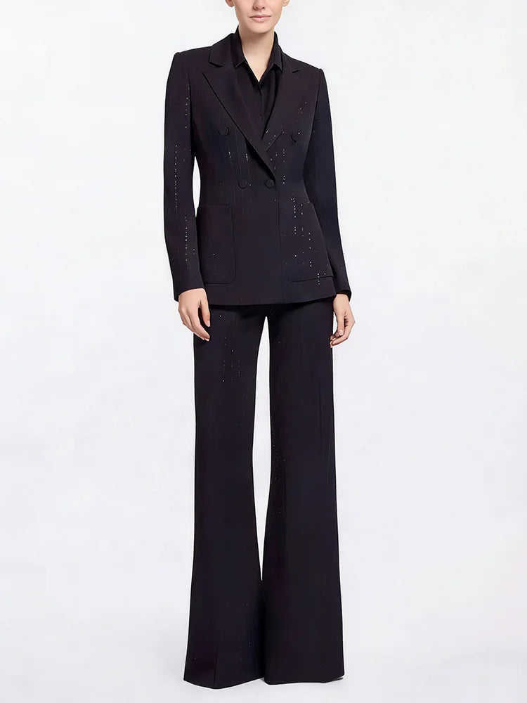 HIGH STREET Newest 2026 Stylish Designer Black Formal Suit Set Women's Bead Sequin Blazer Pants Set 2pcs