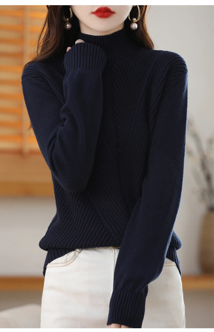 Women's 100% Pure Cotton Knitted Sweater Semi High Neck Solid Color Pullover Autumn and Winter Thick Casual Knitted Women's Top