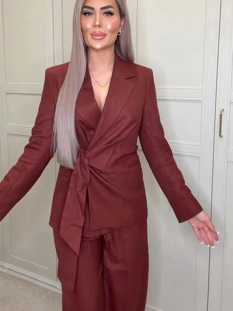 Fashion Office Ladies Blazer Pants Suit Elegant Formal Slim Lace Up Jacket Straight Trouser Lady Commuting Wear 2 Piece Set
