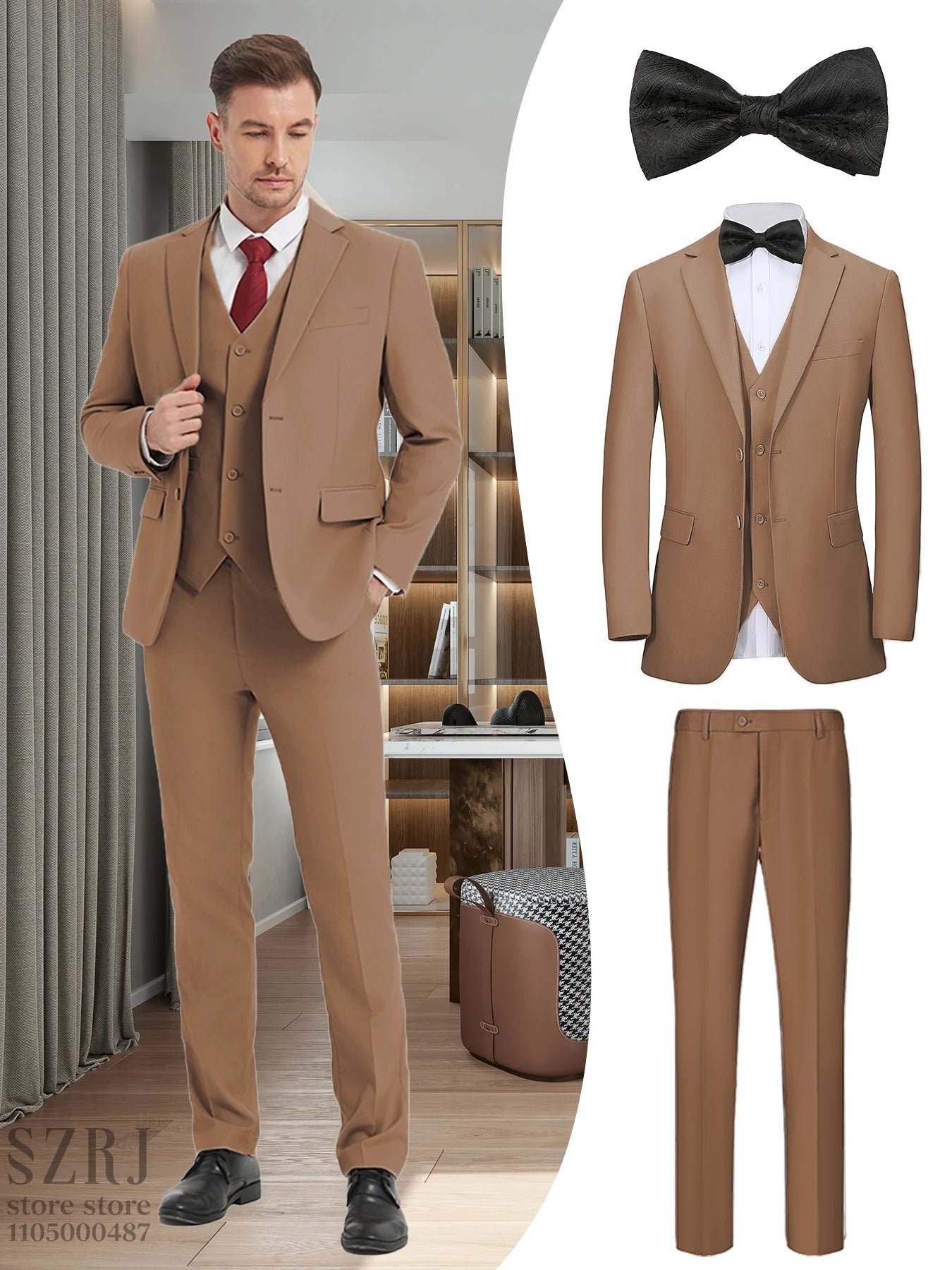 British Style Men's Suit Set (Jacket+Vest+Pants+Bow Tie) - Slim, Elegant, Multi-Occasion