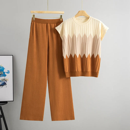 Women's Summer Fashion Short Sleeve Round Neck Color Block Knit Set Loose Comfortable Wide Leg Pants Two-Piece Set