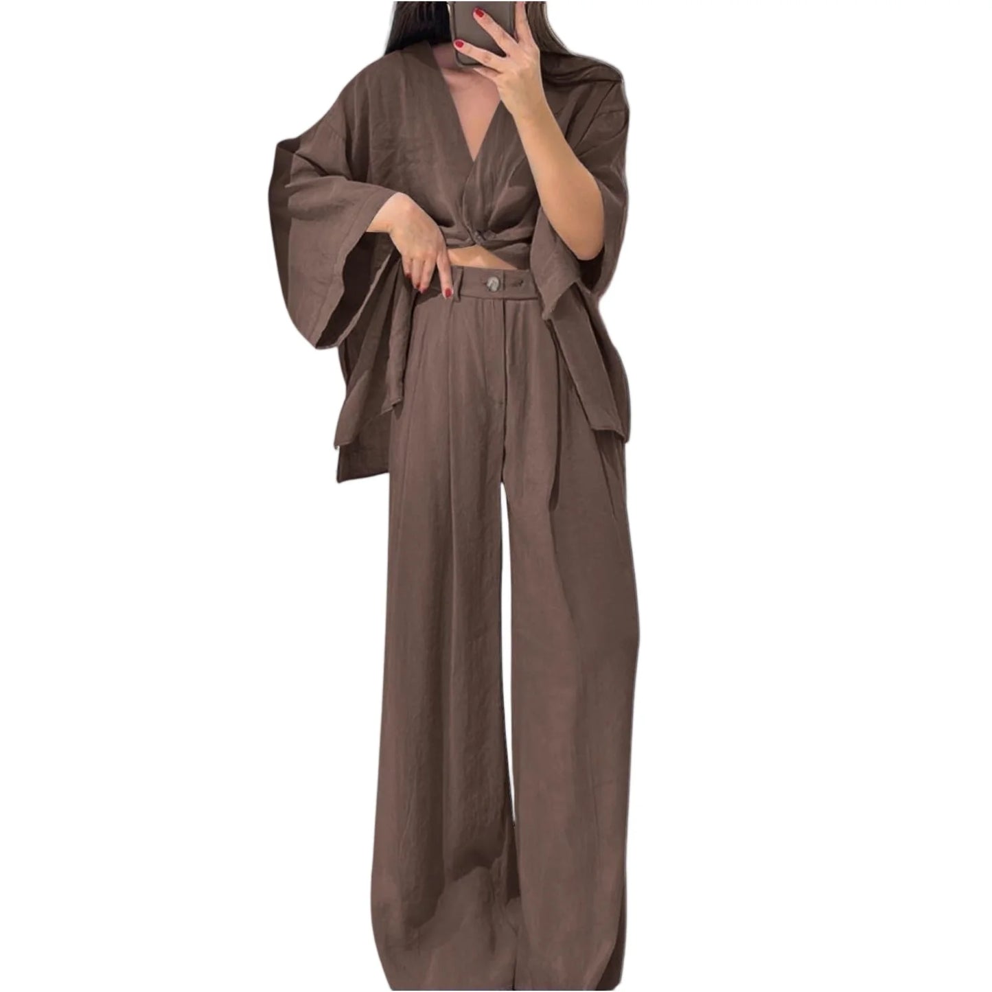 Two Piece Outfits For Women V Neck Button Down Shirt Top And Wide Leg Pants Set Loose Sweatsuits Conjunto Dos Piezas Mujer