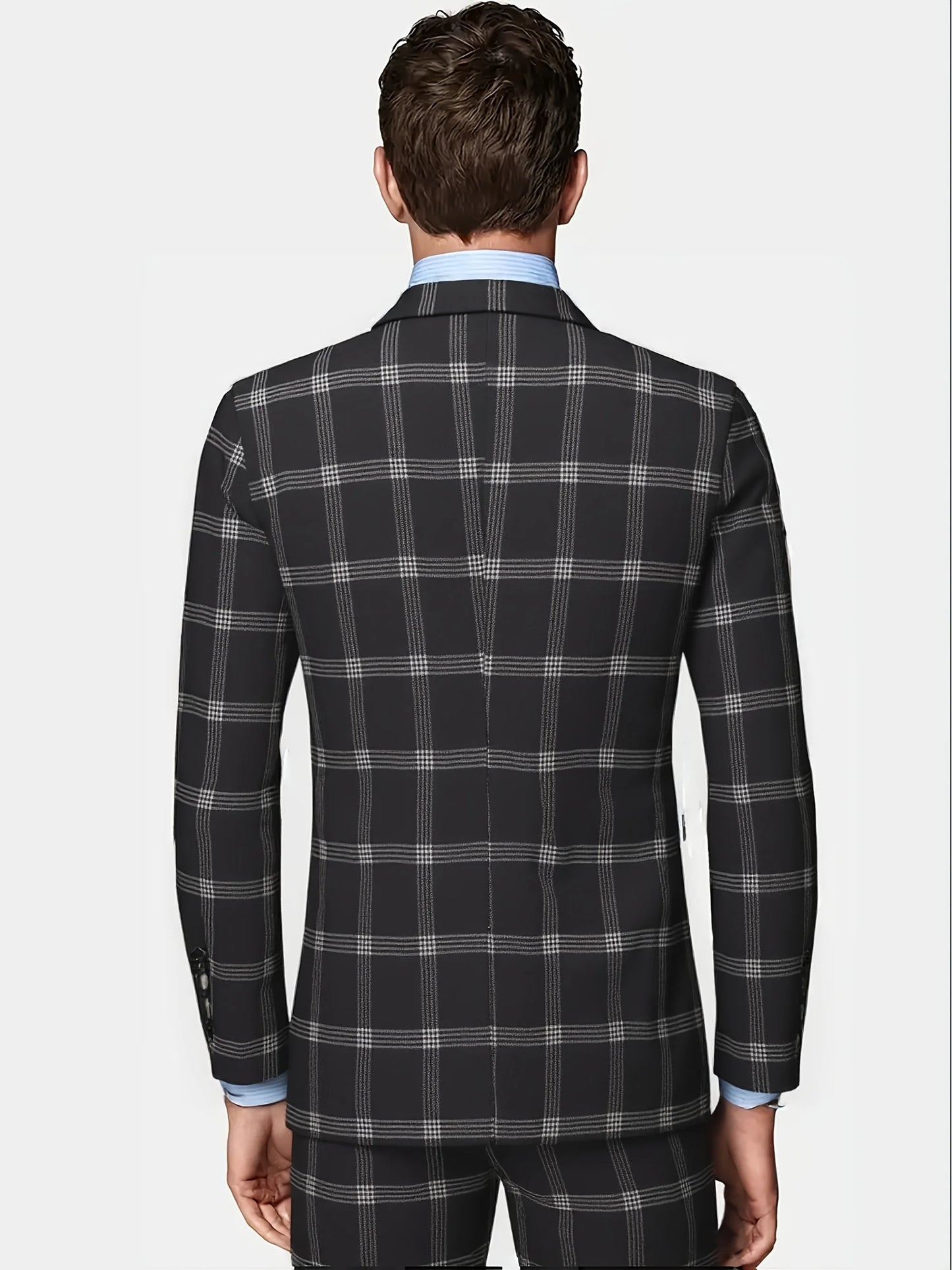 Men's Plaid Suit Two-Piece Set Four-Season Anti-Wrinkle No-Iron Business Casual Formal Wear Slim Two-Button Suit Trousers Suit