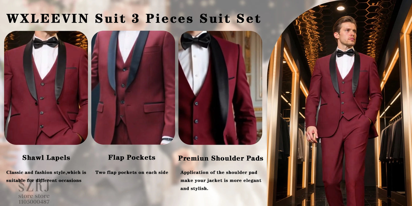 Men's 4-Piece Formal Suit: Jacket + Vest + Pants + Bow Tie, Shawl Collar, 1-Button, Flap Pockets, Wedding/Party