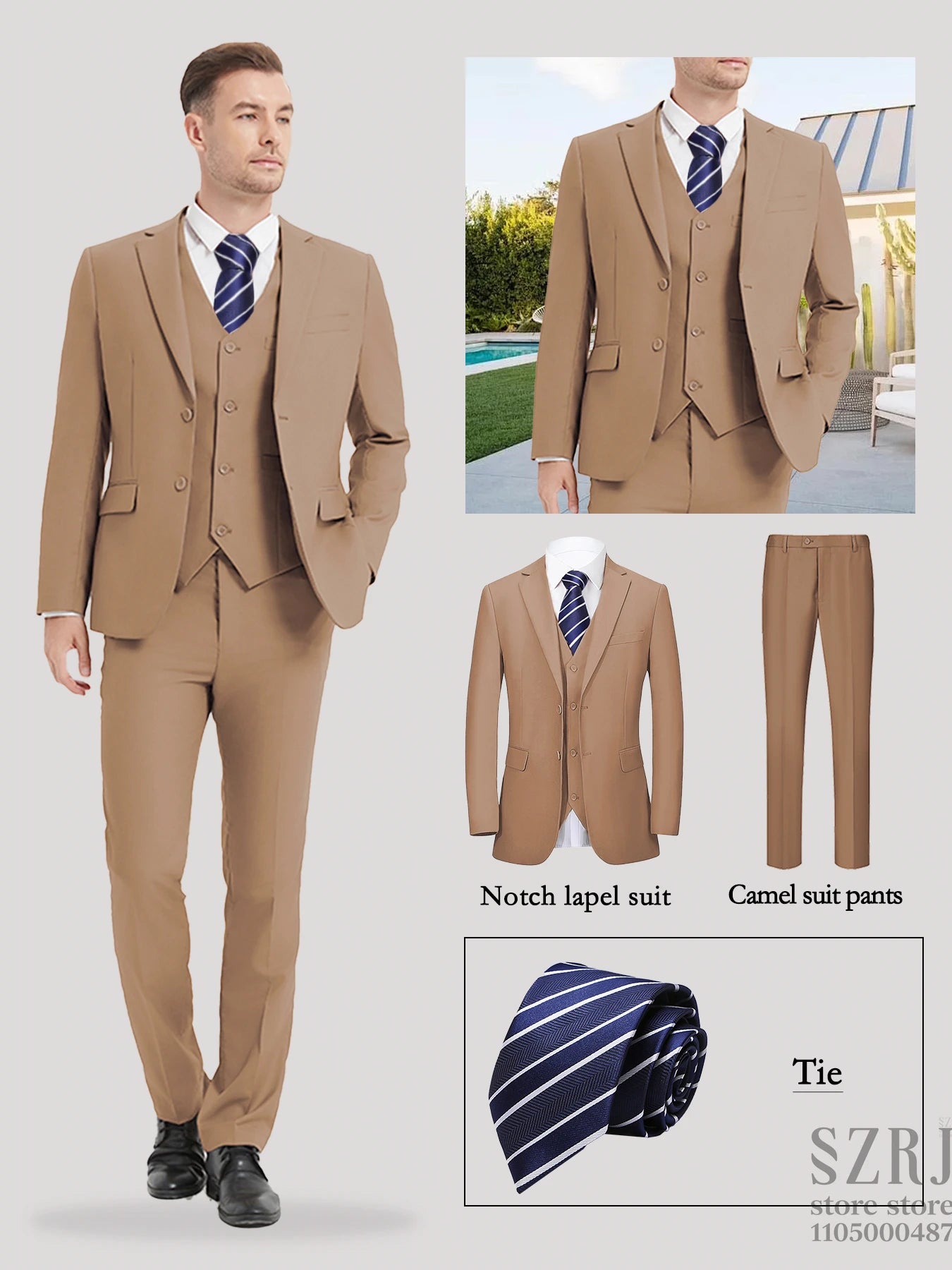 Men's 4-Piece Suit: Jacket+Vest+Pants+Blue Striped Tie. V-Neck, Gentleman Style, Tailored. For Business, Parties, Weddings.