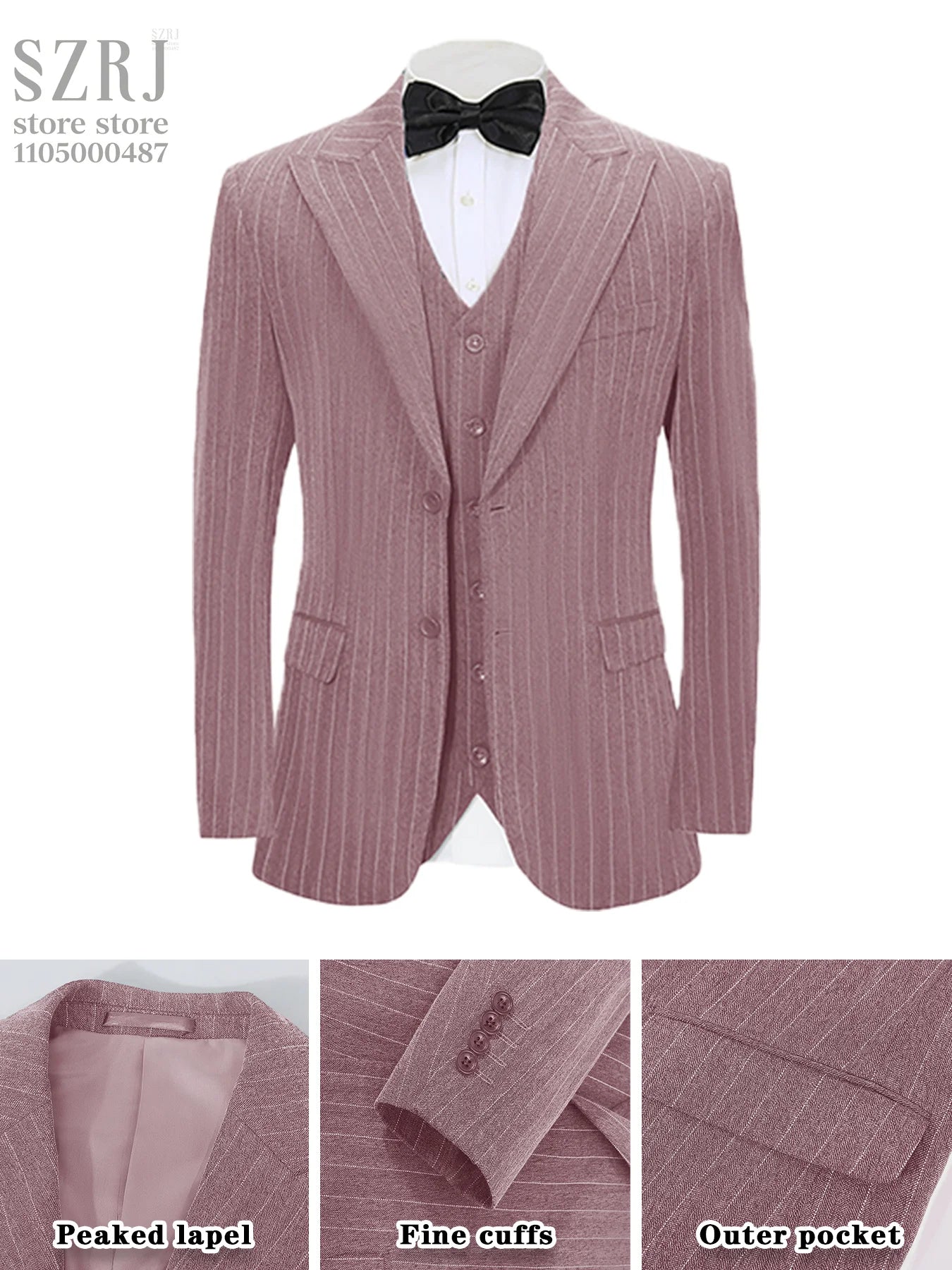 Men's Vertical Striped 3-Piece Suit - Two-Button Jacket+Vest+Pants for Wedding/Business/Daily Wear