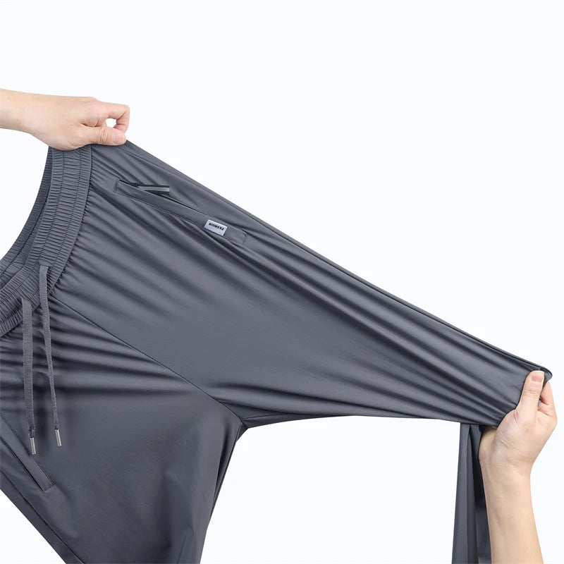 Ice Silk Men's Pants Summer New Black Gray Thin Business Casual Pants Outdoor Elastic Breathable Straight Leg Sweatpants