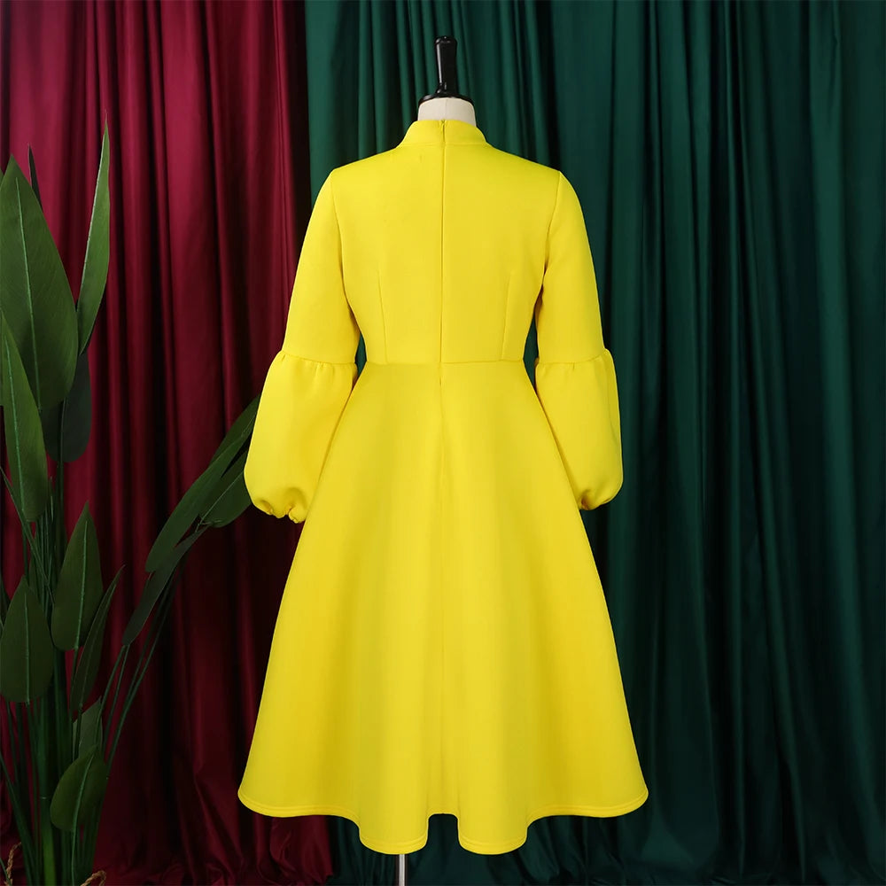 Elegant Party Dresses for Women Luxury Woman 2024 Bow Collar Full Sleeve High Waisted Pleated Mid Calf Birthday Dinner Celebrate