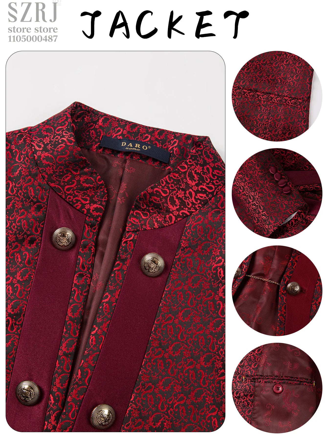 Men's 3pcs Floral Tuxedo Suit: Stand Collar, Double-Breasted Vest & Pants - Wedding/Party/Performance