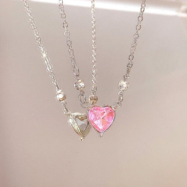 Y2K Pink Planet Heart Zircon Pendant Necklaces Women Fashion Aesthetic Clavicle Chain Necklace Valentines Day Gift Party Jewelry