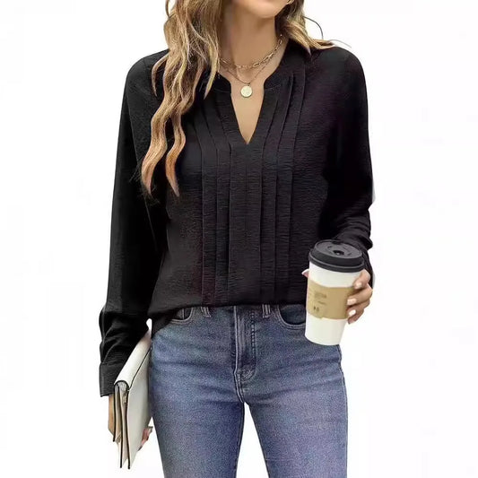 New Women's Dressy Casual Blouses Business Work Tops Long Sleeve V Neck Pleated Shirts 2024 Fall Outfits Fashion Loose T-Shirts