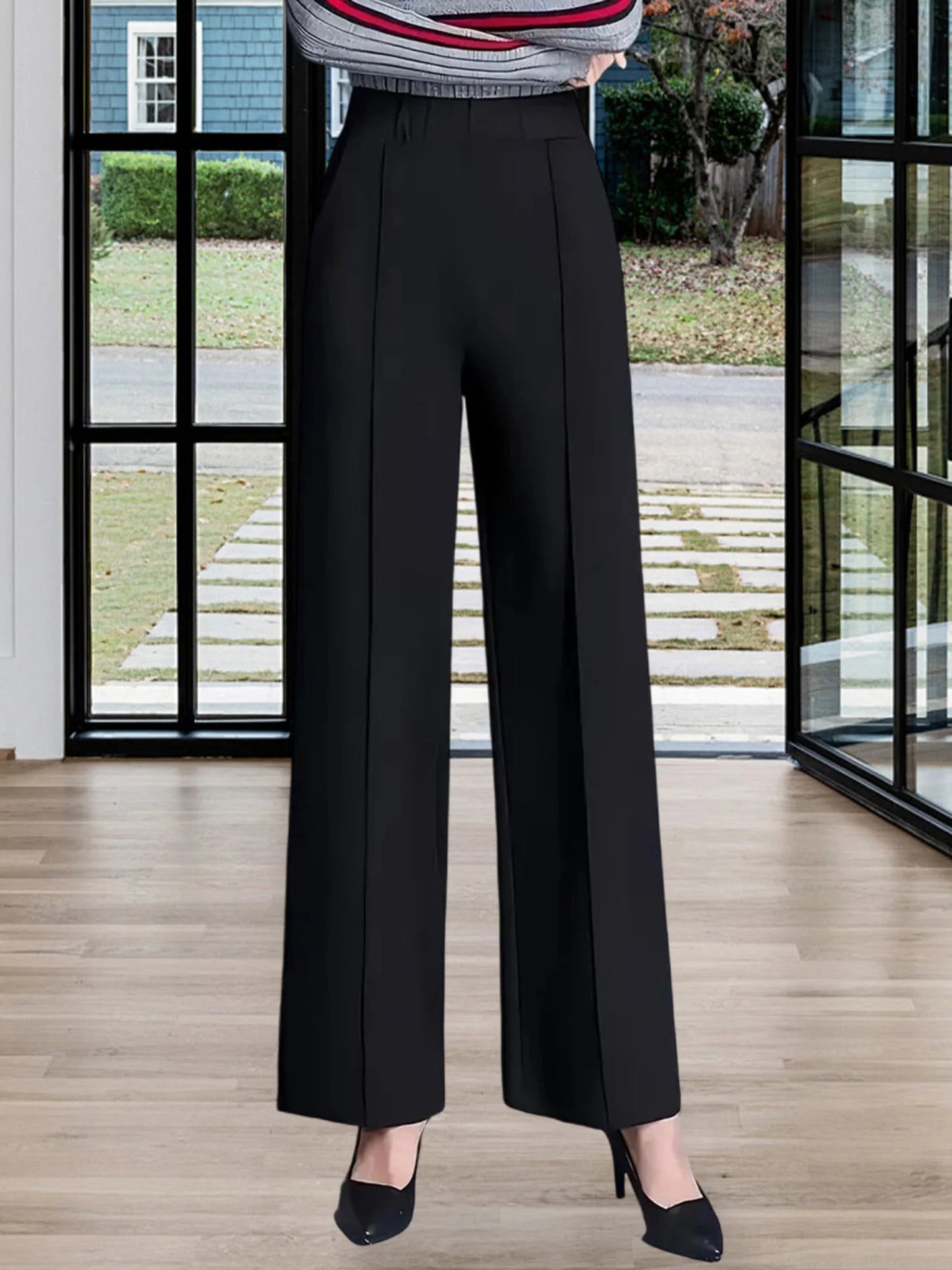 Women s High Waist Straight Leg Pants with Pockets for Business Casual Office Wear - Elastic Waist Dress Trousers