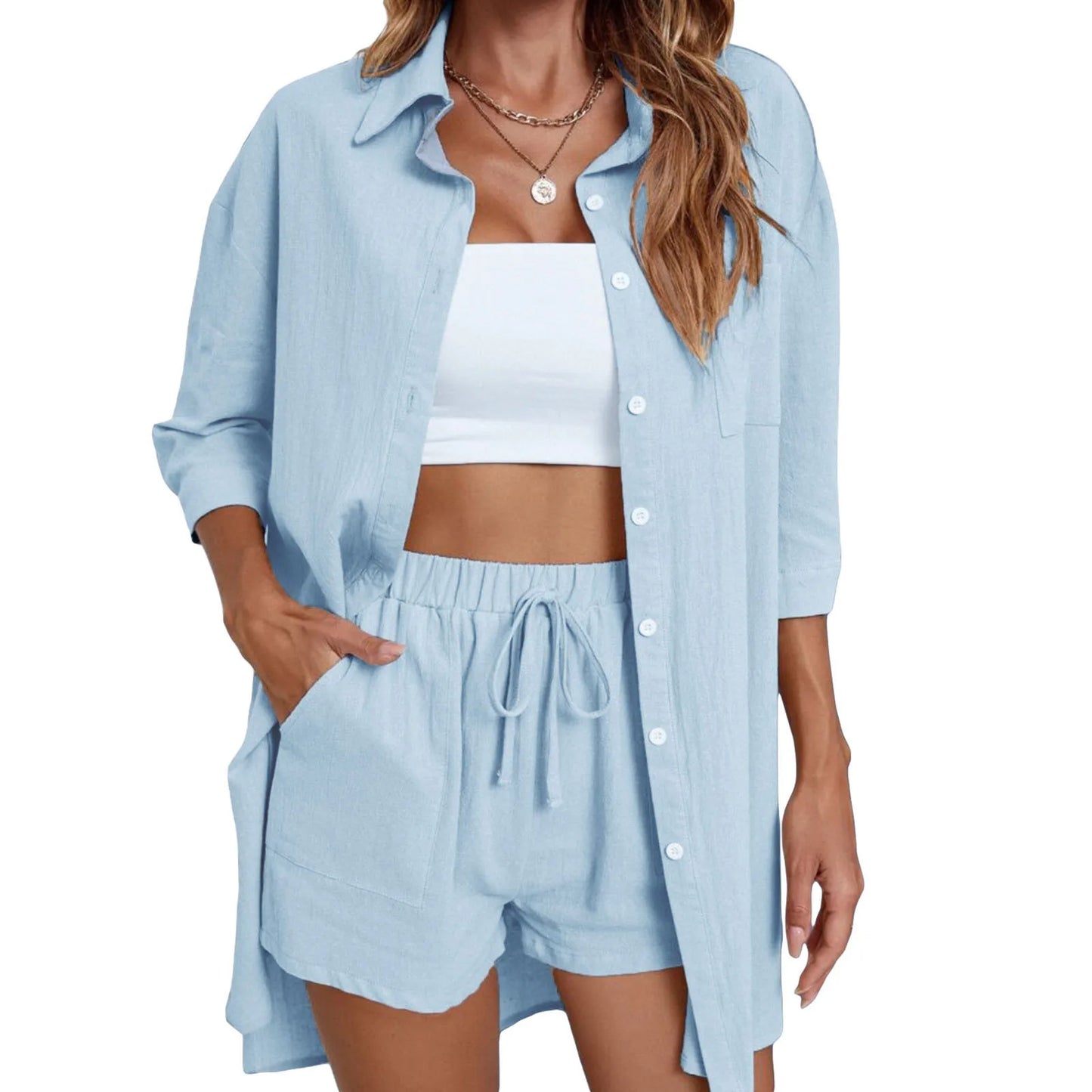 Women’s Casual 2 Piece Outfits Fashion Short Sleeve Button Down Oversized Shirt Shorts Set Loungewear