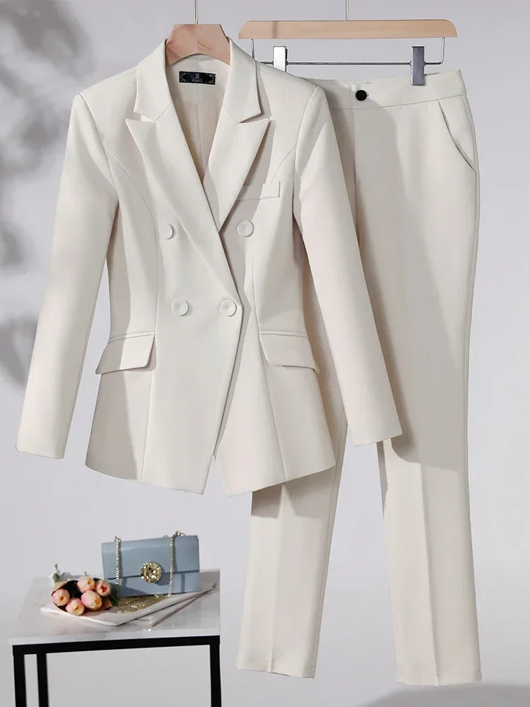 Women Formal Pant Suit 2023 New in Red Black Blue Office Apricot Office Ladies Work Female Blazer Jacket and Trouser 2 Piece Set