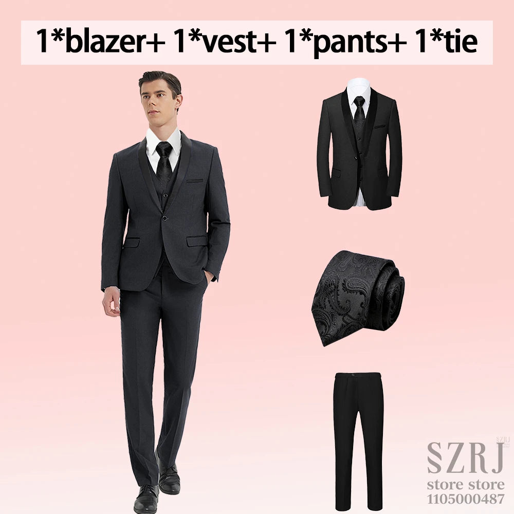 4pcs Men's Suit: Blazer, Vest, Pants, Black Tie.  One Button, Plain Color Tuxedo. Regular Fit. For Wedding, Groomsman Attire.