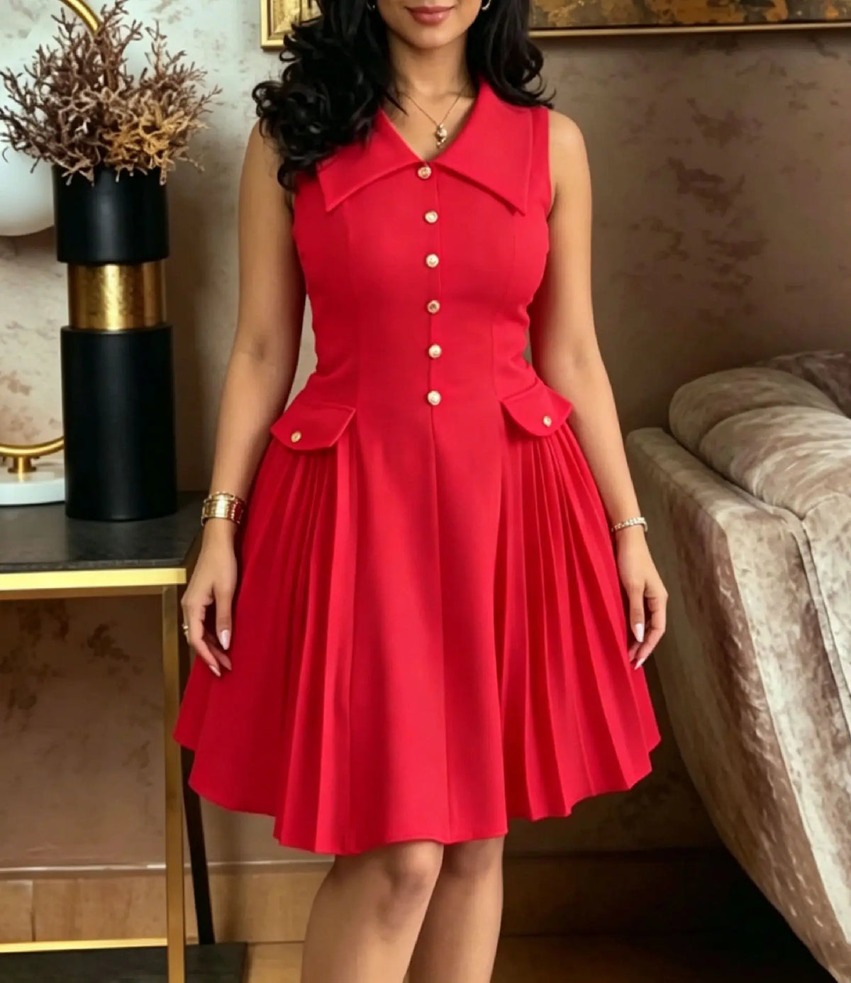 FASHIONABLE WOMEN'S COLLAR WITH GOLD BUTTONS, SLEEVELESS DESIGN, LARGE SWING, PLEATED STYLE, COMMUTING DRESS
