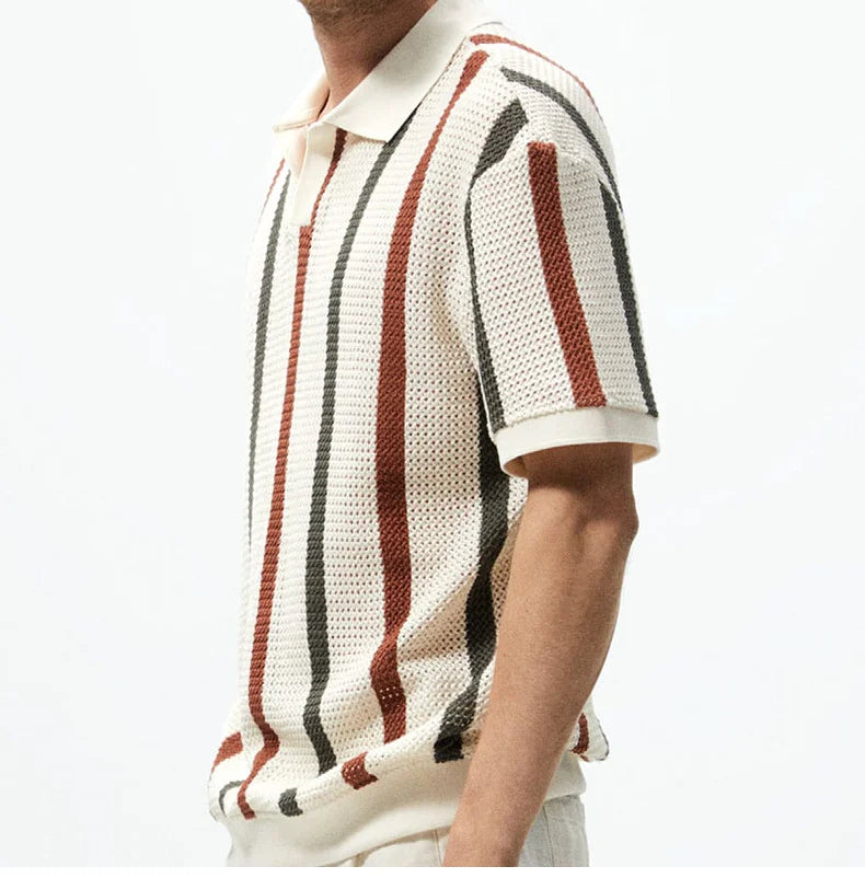 Men's Summer Chunky Knit Short-Sleeve Polo Shirt With Stripes And Contrast Colors, Casual Wear For Daily Outings