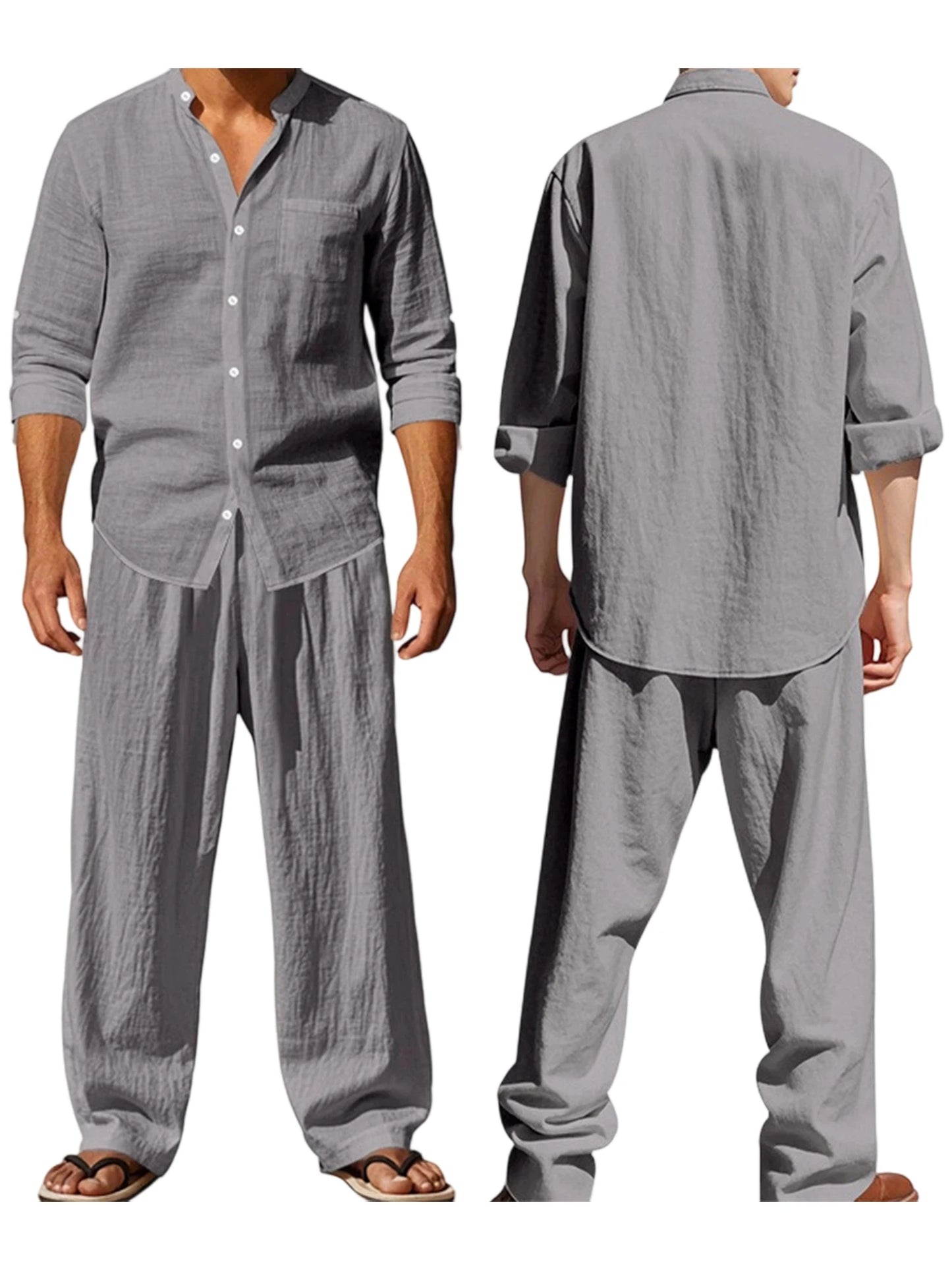 Men s Cotton Summer Outfits Sets Lightweight Breathable Short Sleeve Shirt and Shorts 2 Pcs Set for Beach Vacation