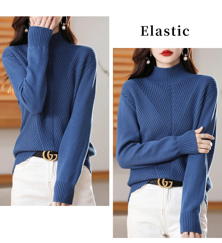 Women's 100% Pure Cotton Knitted Sweater Semi High Neck Solid Color Pullover Autumn and Winter Thick Casual Knitted Women's Top