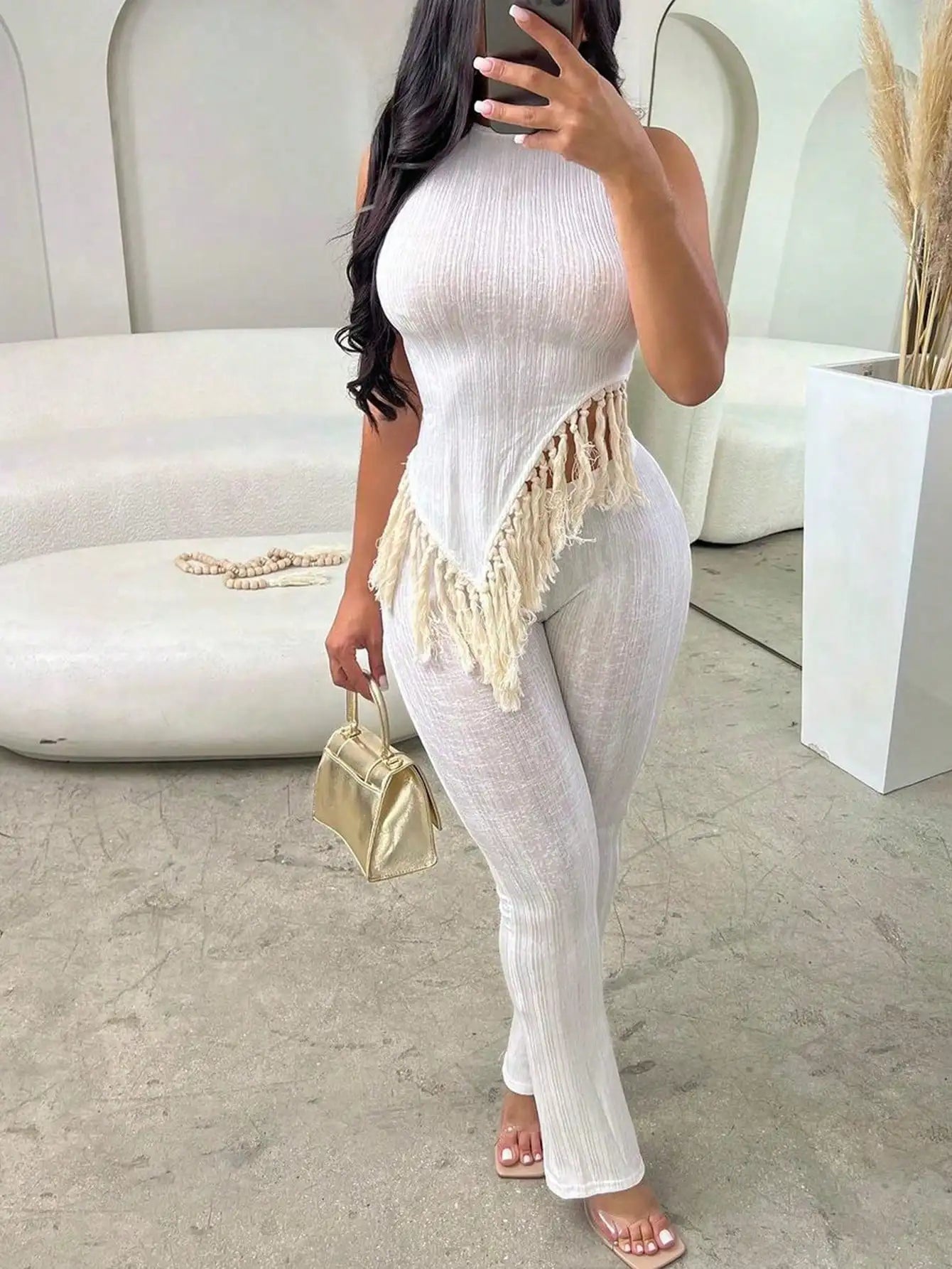 Solid fringed suit short-sleeved round-neck top sexy trousers 2-piece women's party streetwear set 2025