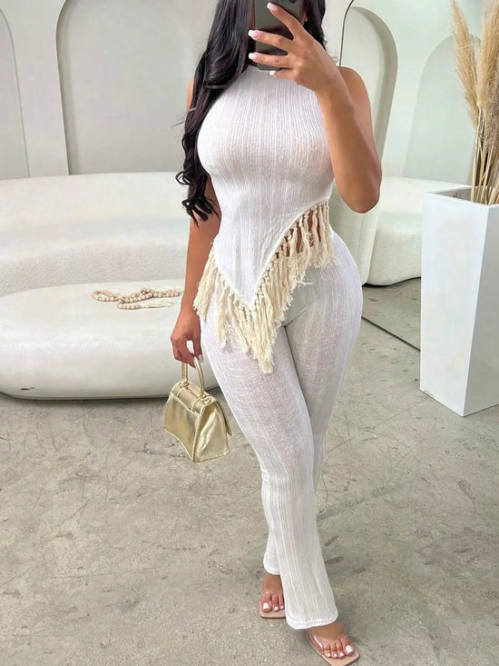 Solid fringed suit short-sleeved round-neck top sexy trousers 2-piece women&