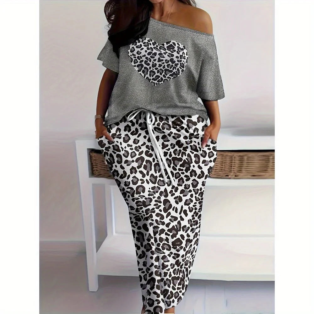 Oversized Heart-Shaped Leopard Print Top + Drawstring Skirt Set
