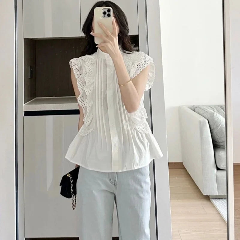 Fashion Flying Sleeve White Shirts Vintage Sleeveless Ruffled Lace Blouse for Woman Woman Elegant Casual Sweet Tops  27709