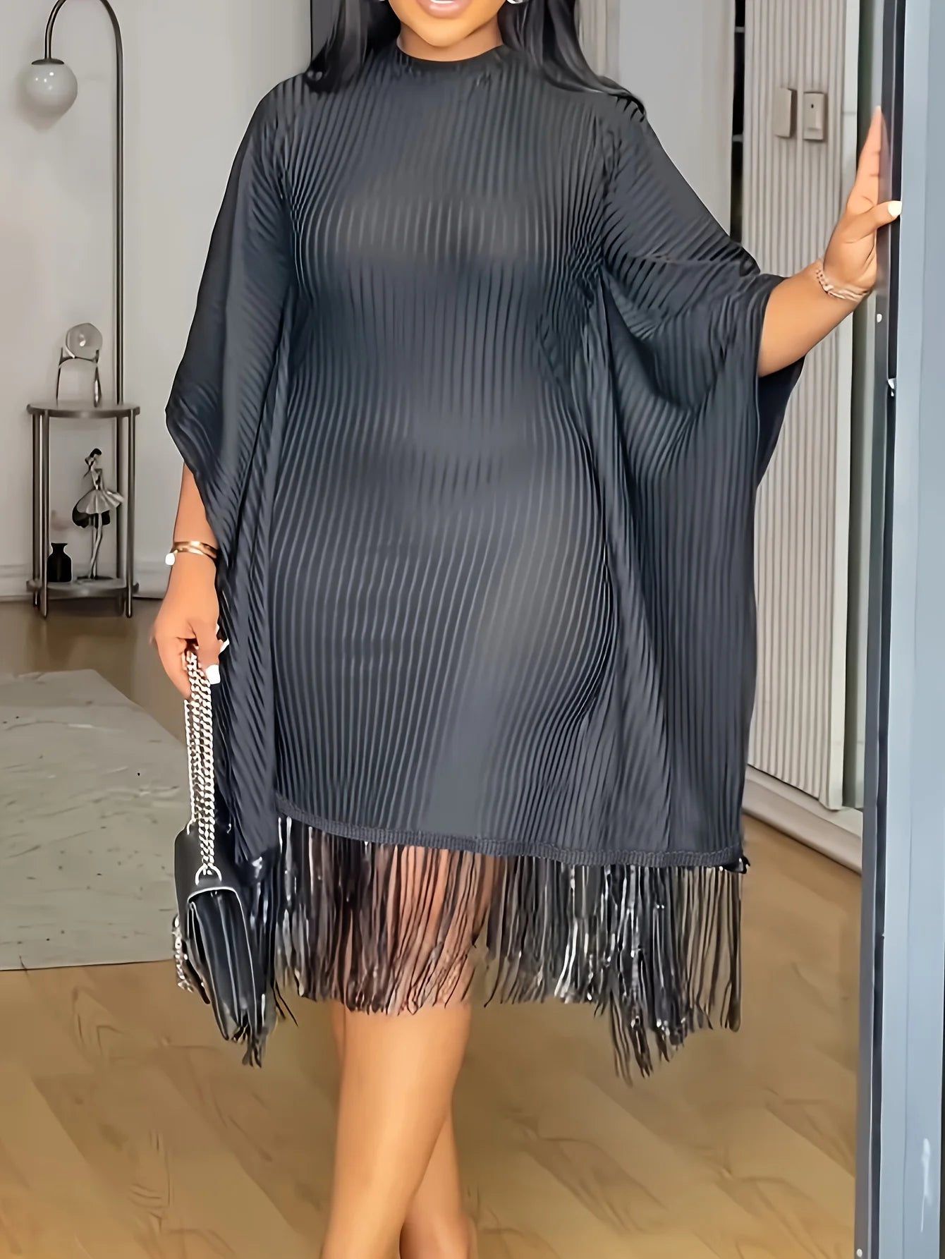 Round Neck Open Sleeve Fringed Hem Shirt Dress