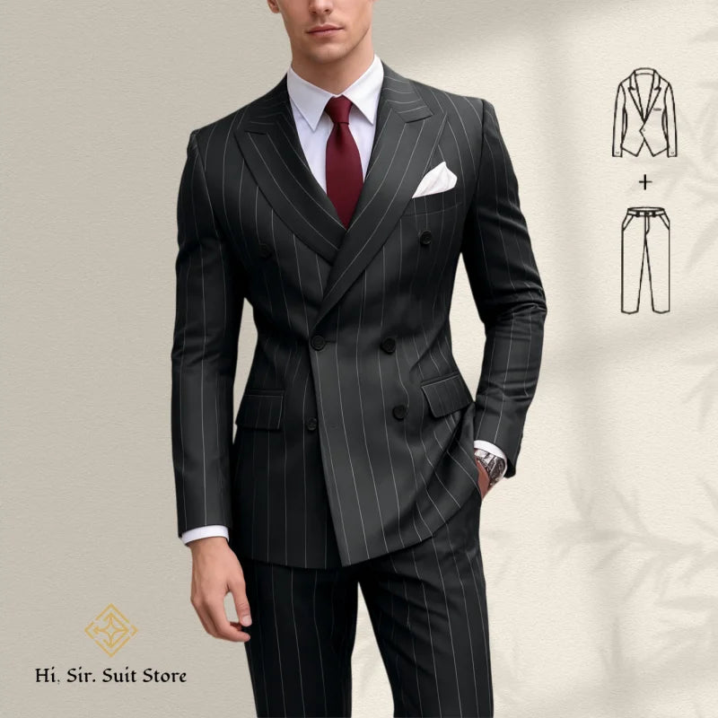 Men's 2-Piece Suit Plus Size Blazer European & American Fashion Striped Double-Breasted Suit Custom-Made Small Batch Blue Jacket