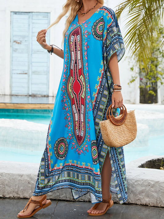 Women s Boho Style Floral Print V-neck Short Sleeve Beach Cover-up Dress with Side Slit Loose Fit Summer Maxi Dress
