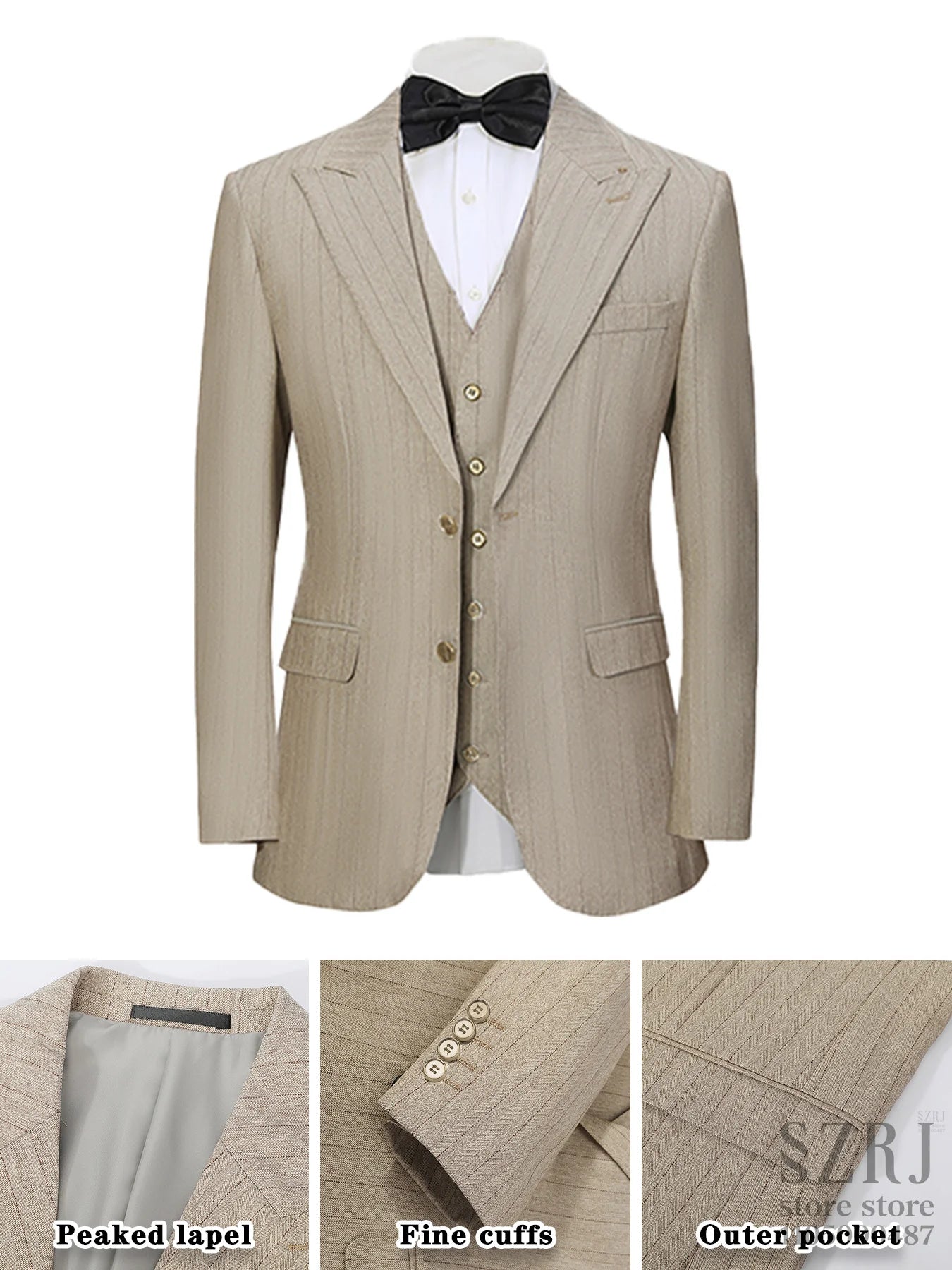 Men's Vertical Striped 3-Piece Suit - Two-Button Jacket+Vest+Pants for Wedding/Business/Daily Wear