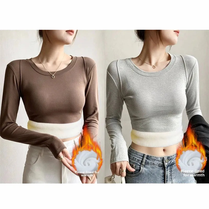 Women's Winter Thickened Long Sleeve Fleece Lined Base Shirt round Neck Warm Top Slim Fit Inner Wear Comfortable Thermal T-shirt