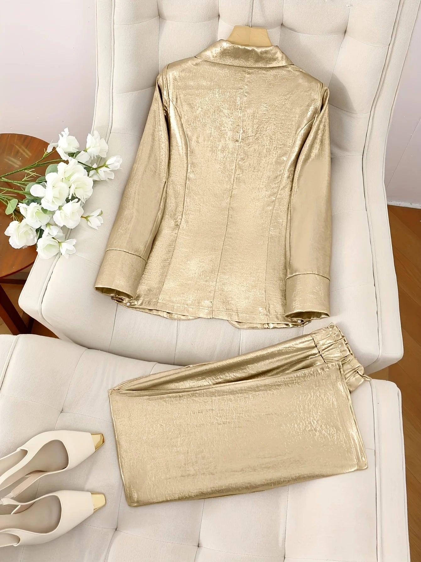 Metallic lapel single button pocket women's suit elegant jacket straight trousers suit, suitable for commuting, office, gatherin