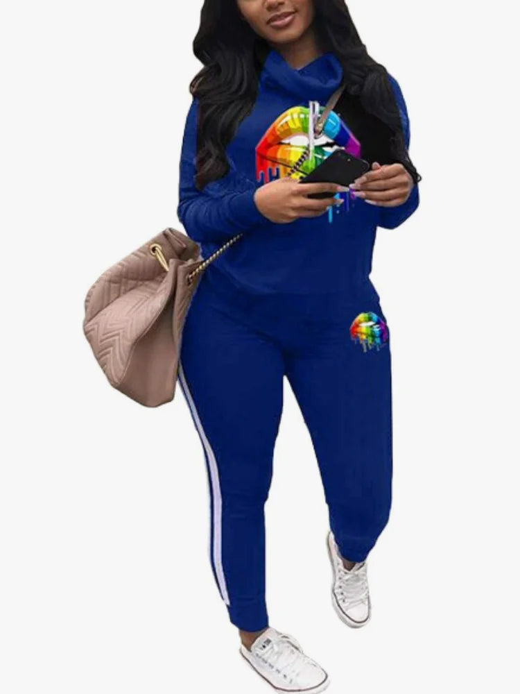 Womens Casual 2 Piece Tracksuit Outfits Lip Print Pattern Long Sleeve Pullover Pants Set
