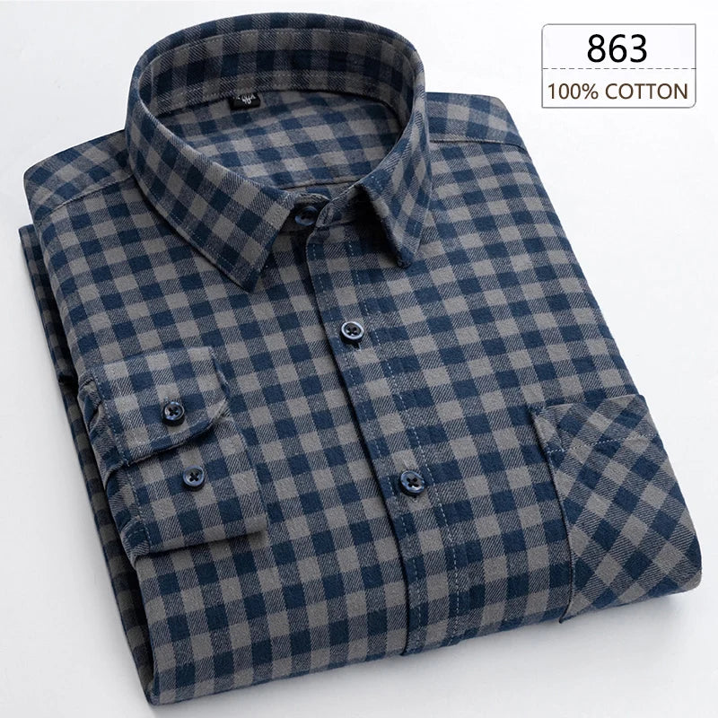 New Spring Long Sleeve Plaid Shirts For Men 100% Cotton Flannel Plus Size Easy Care Comfortable Top Casual Smart Dress Shirts