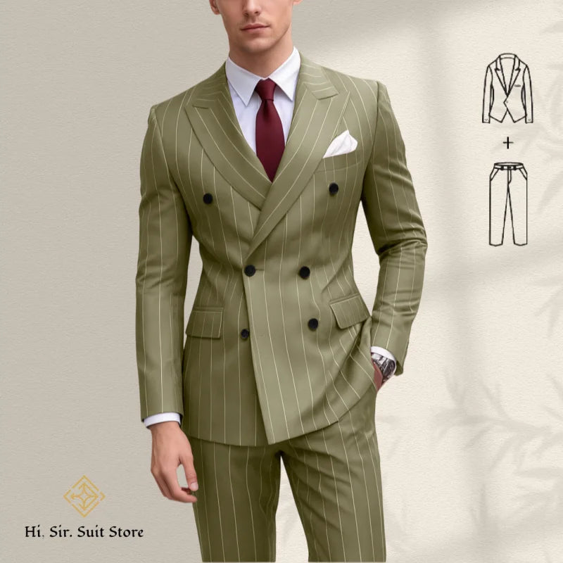 Men's 2-Piece Suit Plus Size Blazer European & American Fashion Striped Double-Breasted Suit Custom-Made Small Batch Blue Jacket