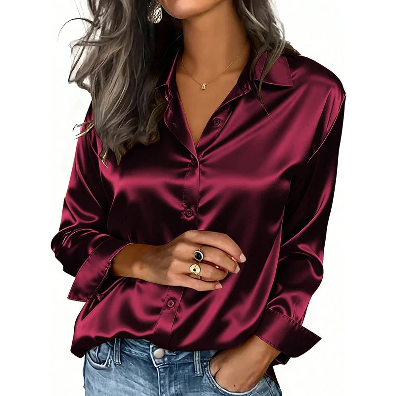 Spring And Autumn Women's Lapel Shirt Button Cardigan Top Black Green Red Elegant Fashion Office Basic Blouses For Female Shirts