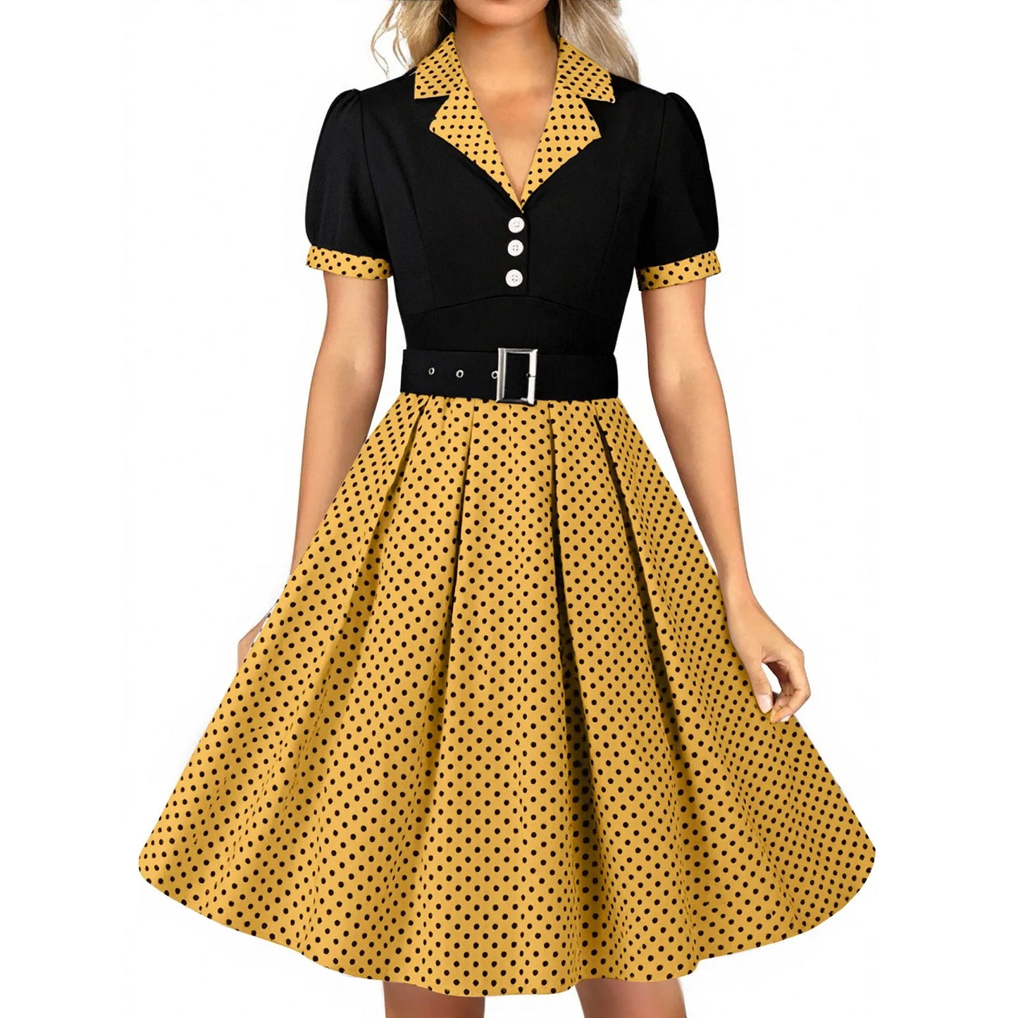 Women'S Vintage Polka Dot Lapel  Short-Sleeved Belt Dress Vestidos Mujer Veranoa 2025 Robe Femme Dress Women Women Clothing
