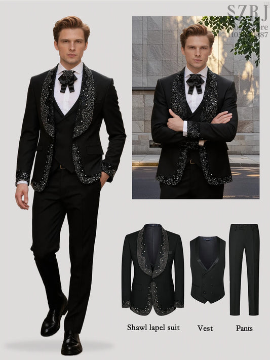 Men's 3 - Piece Suit Set, Featuring Decorative Lapel Design, Includes Jacket, Vest & Pants, Ideal for Formal Occasions，Wedding