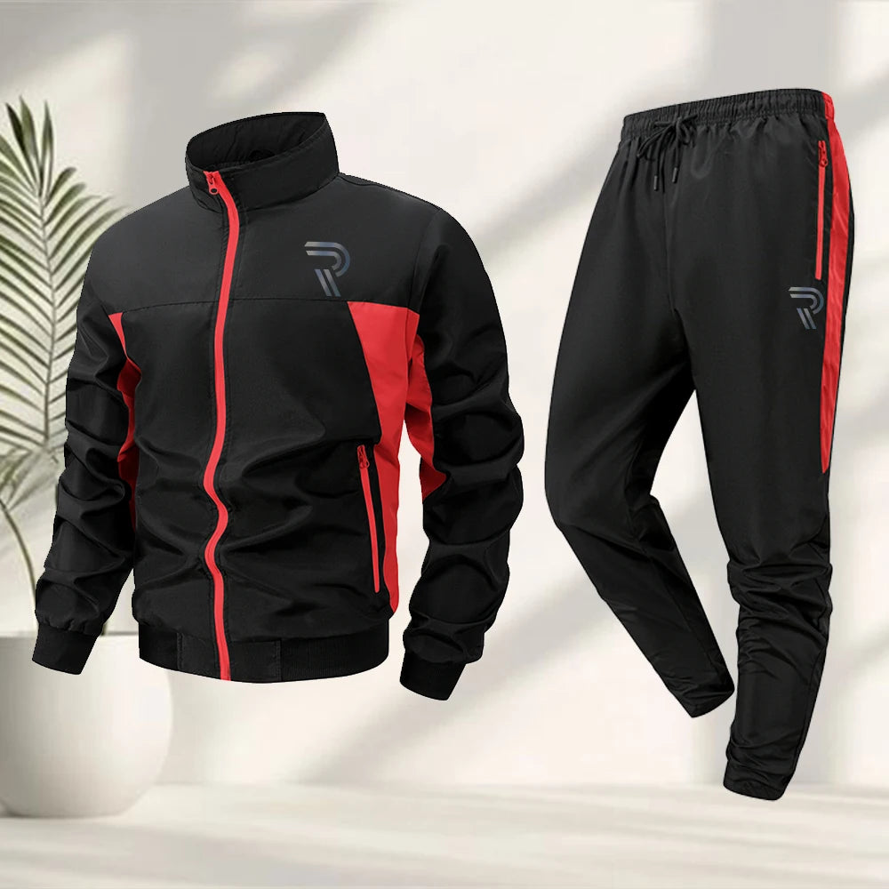 Men's Fashion R Icon Print Tracksuit Zipper Jacket And Drawstring Sweatpants Summer Outdoor Casual Fitness Training Apparel