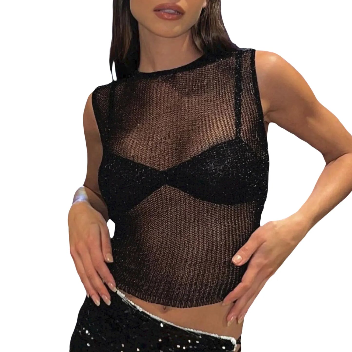 Women s Casual Loose Fit Tank Tops Sleeveless O Neck Solid Color Summer Vest Blouse Sheer Crop Tops for Ladies