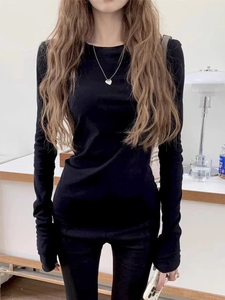 Zjaiss 2026 Spring Casual Lazy Style Women's Long Sleeve T-Shirt Fashion Elegant Inner Wear Basic Top Rolled Edge Slim Fit Tee