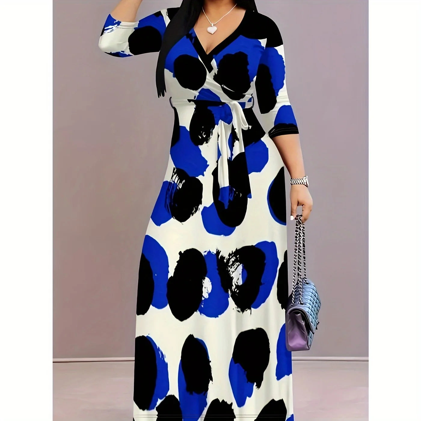 Casual Graphic Print V Neck Half Sleeve Floor Length Belted Maxi Resort Dress