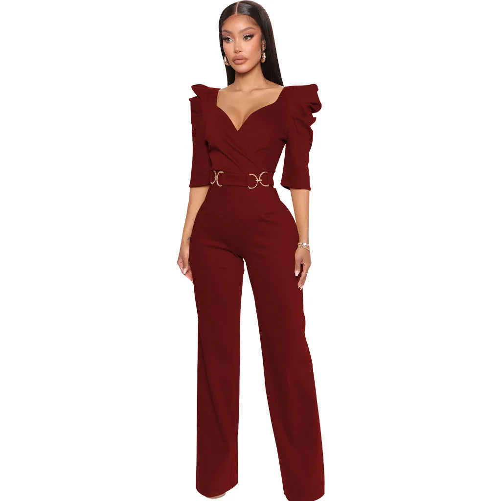 Sexy fashion solid color seven-quarter sleeve V-neck women's jumpsuit SMR10805