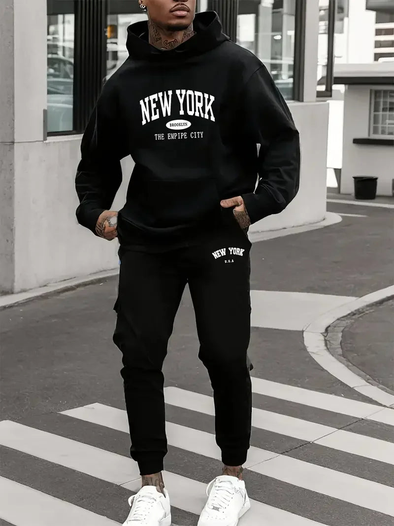 New York Letter Printed Spring and Autumn Hoodie for Couples Y2K Set Long Sleeved Casual and Comfortable kangaroo Pocket Hoodie