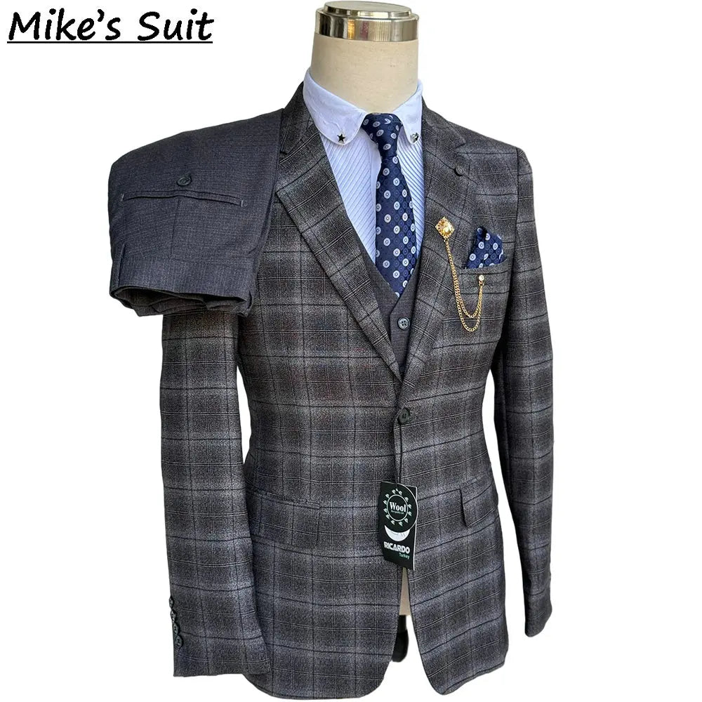 Men's Wool Plaid 2 Piece Suit British Style Wedding Party Business Formal Blazer Pants