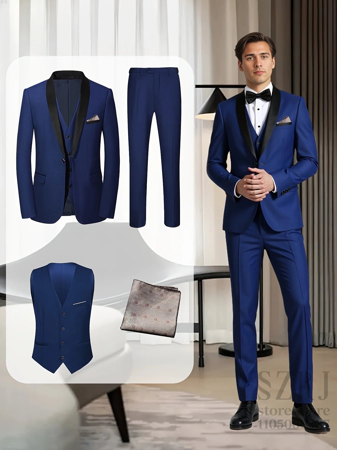 Men'S 4pcs Tuxedo Suit: Jacket, Vest, Dress Pants &Pocket Square