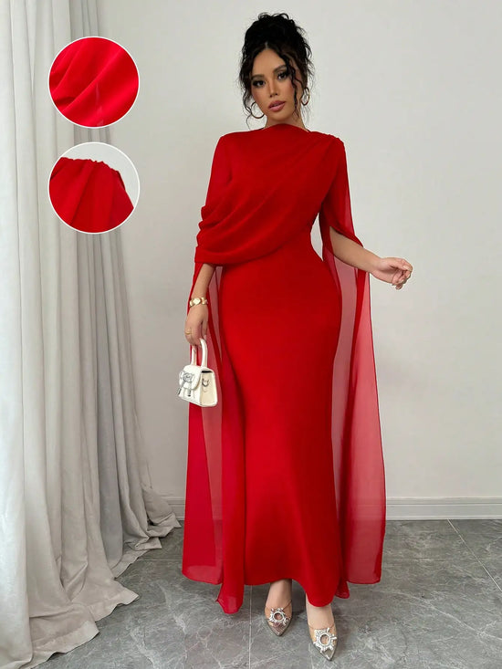 Red Elegant Maxi Dress with Cape Sleeve, Sheer Flowy Fabric for Evening Party or Banquet