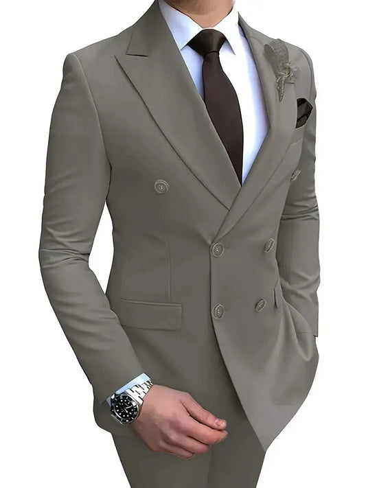 Elegant Men's Suits 2-Piece Set Double Breasted Jacket Business Casual Suit Coat Work Interview Coat (Blazer+Pants)