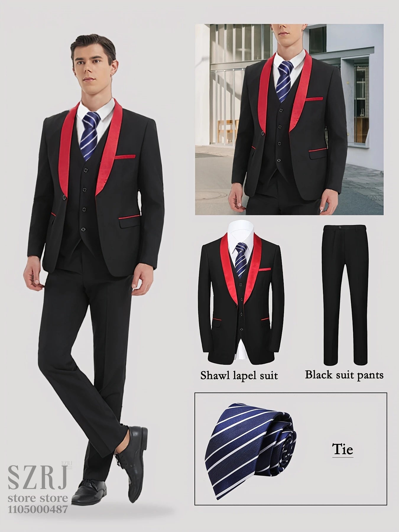 4pcs Men's Tuxedo Set:Classic Lapel Blazer,Vest,Pants&Tie High-Quality,Adjustable Waist.For Parties,Weddings, Proms. Comfy Fit.